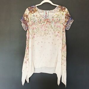 Johnny Was Cupra Tunic Cream w/ Cascading Floral Print Blouse Lightweight Top XS